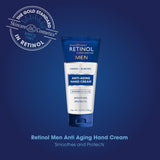 Retinol Men Anti-Aging Hand Cream product on a dark blue background with a quality badge graphic.