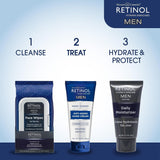 A 3-step Retinol Men skincare routine showing face wipes, hand cream, and daily moisturizer labeled “Cleanse, Treat, Hydrate & Protect.”