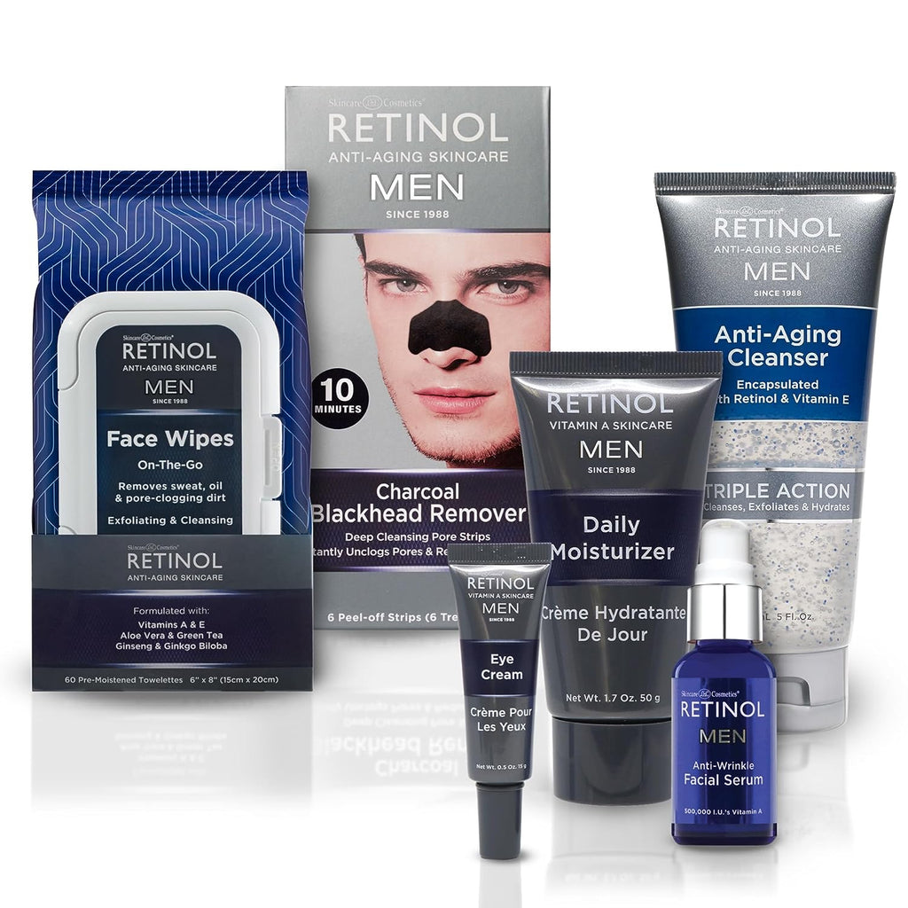 A product group shot of the complete Retinol Men skincare line, including face wipes, nose strips, hand cream, cleanser, moisturizer, eye cream, and serum.