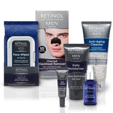 A product group shot of the complete Retinol Men skincare line, including face wipes, nose strips, hand cream, cleanser, moisturizer, eye cream, and serum.