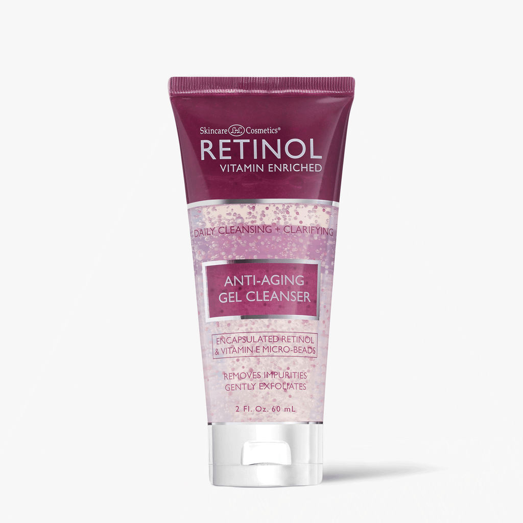 A tube of Retinol Anti-Aging Gel Cleanser with maroon cap, labeled as "Daily Cleansing + Clarifying."