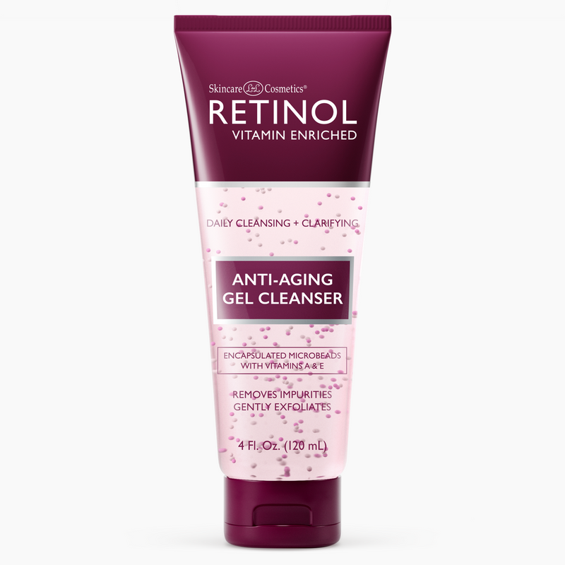 A tube of Daily Clarifying Gel Cleanser with Vitamin A and E Micro-Beads. The packaging is predominantly purple and white, with product information and branding visible.