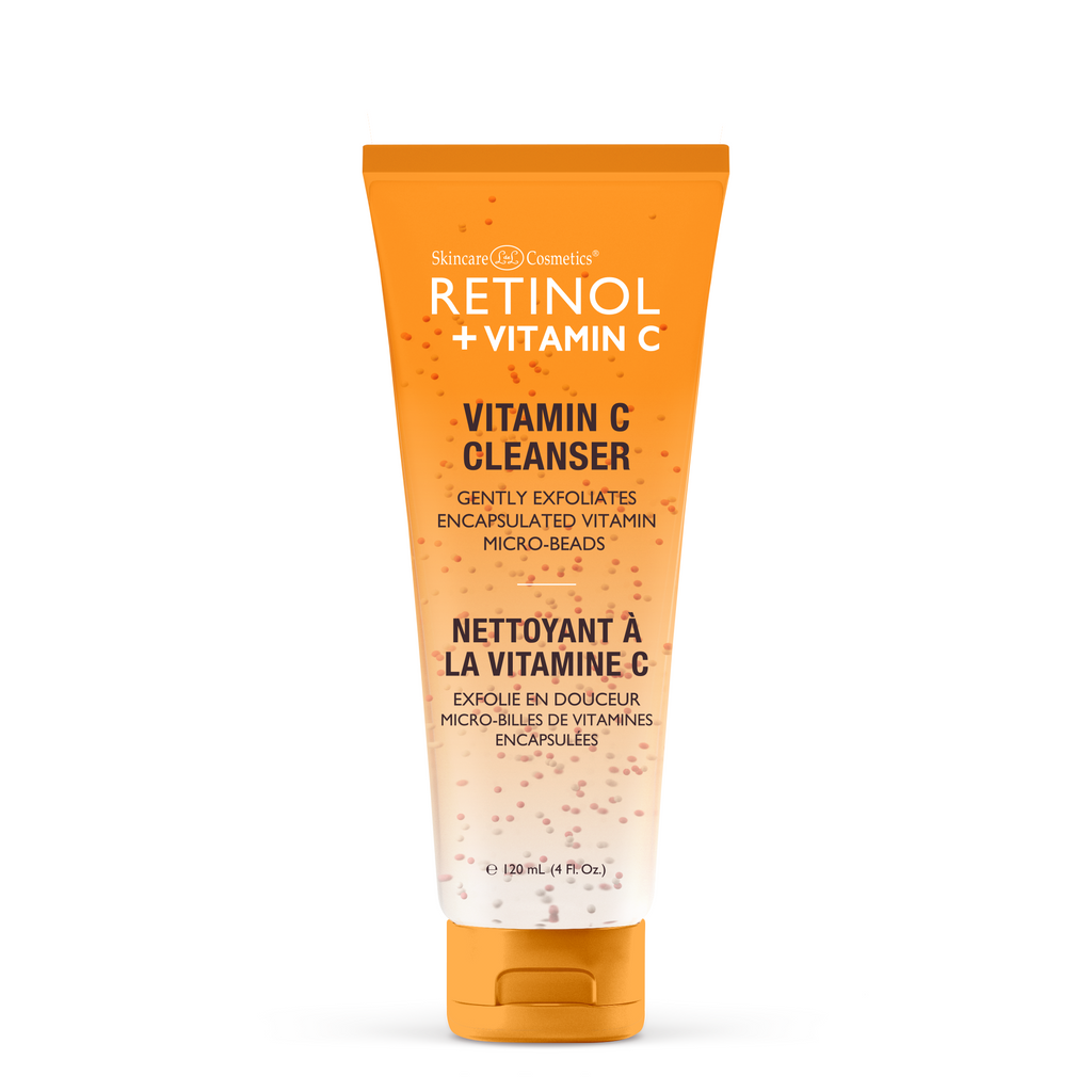 alt="Retinol Vitamin C Cleanser in an orange 120 mL tube with encapsulated micro-beads, designed to gently exfoliate the skin"