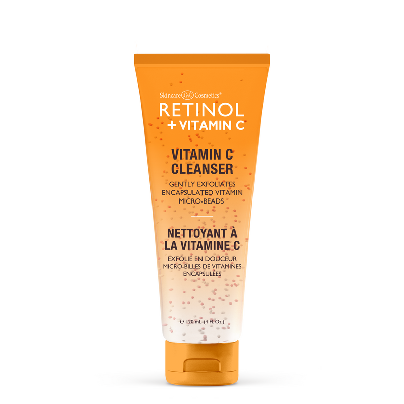 alt="Retinol Vitamin C Cleanser in an orange 120 mL tube with encapsulated micro-beads, designed to gently exfoliate the skin"