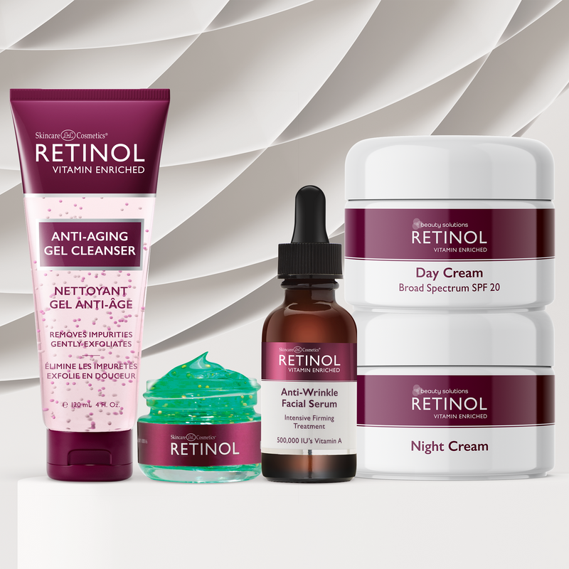 alt="Retinol skincare set with anti-aging cleanser, gel moisturizer, serum, day cream, and night cream on white backdrop"