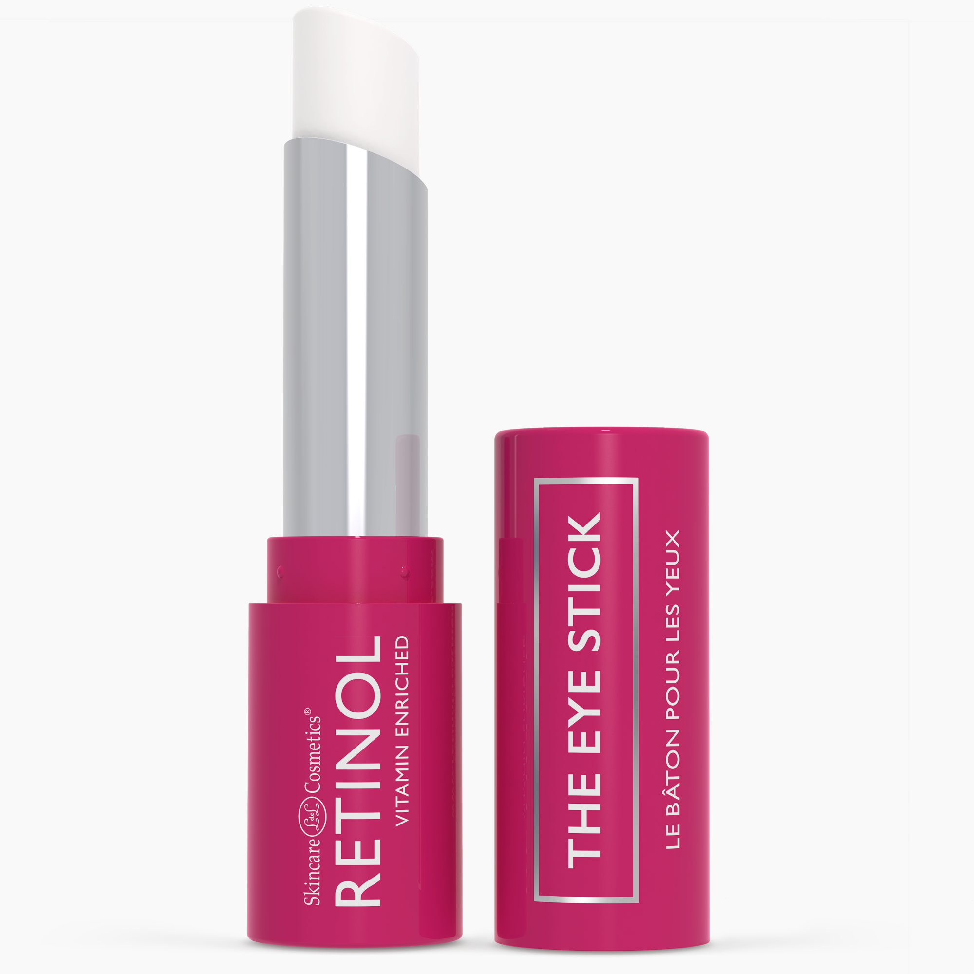 Open tube of Retinol Vitamin Enriched Eye Stick in vibrant pink packaging with white balm exposed.