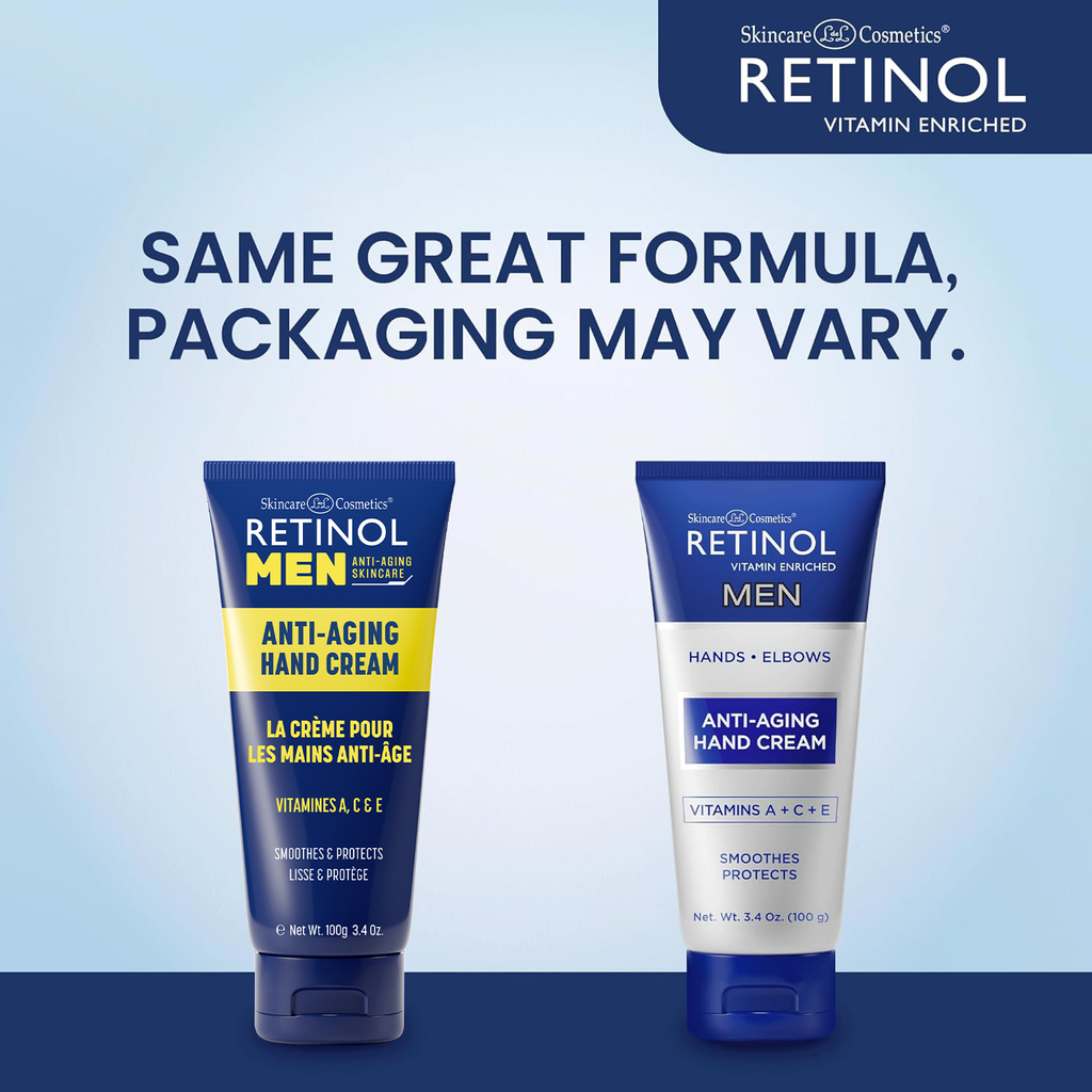 Image comparing two versions of the hand cream packaging with the text “Same Great Formula, Packaging May Vary.