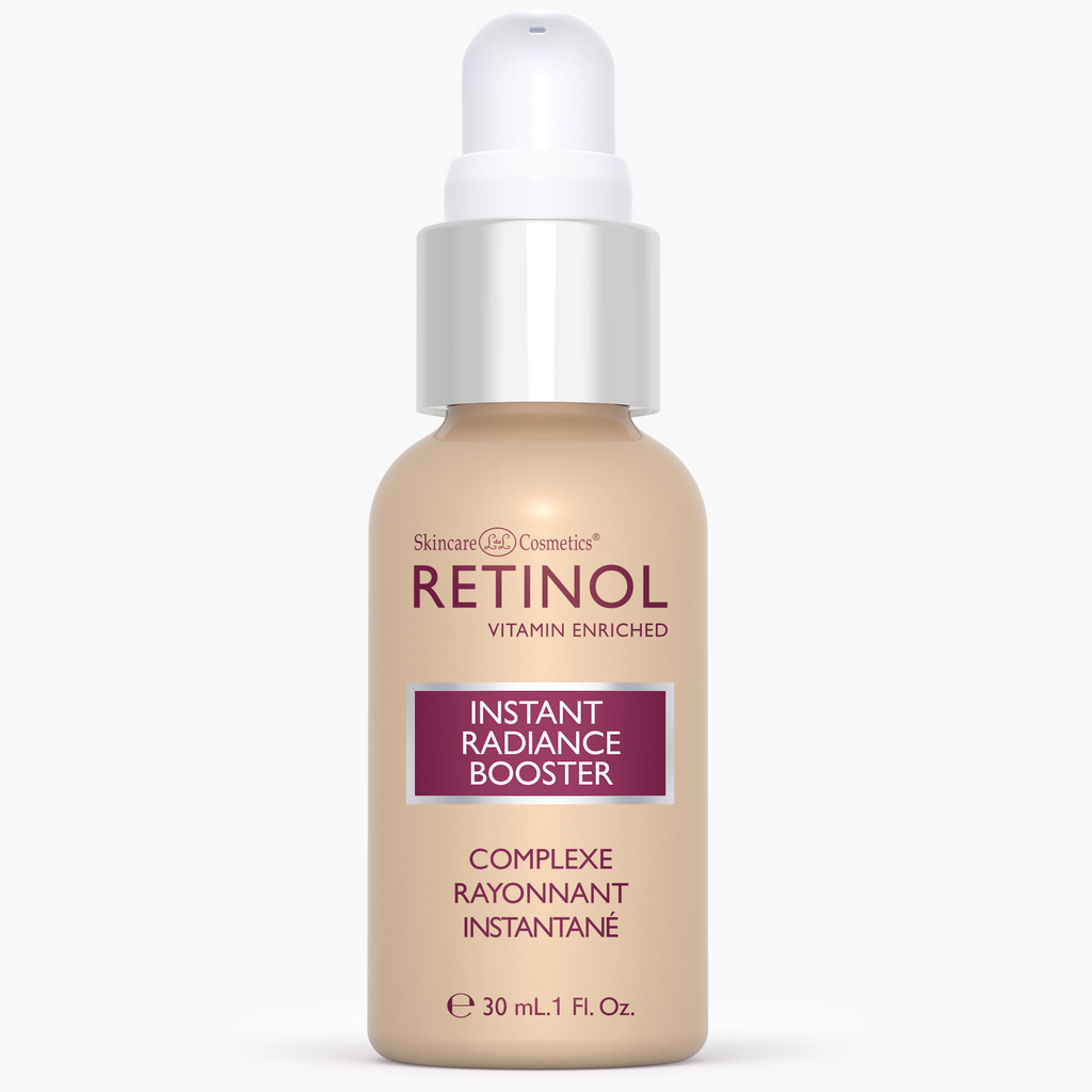A bottle of Retinol Instant Radiance Booster with a white label and a dropper dispenser.