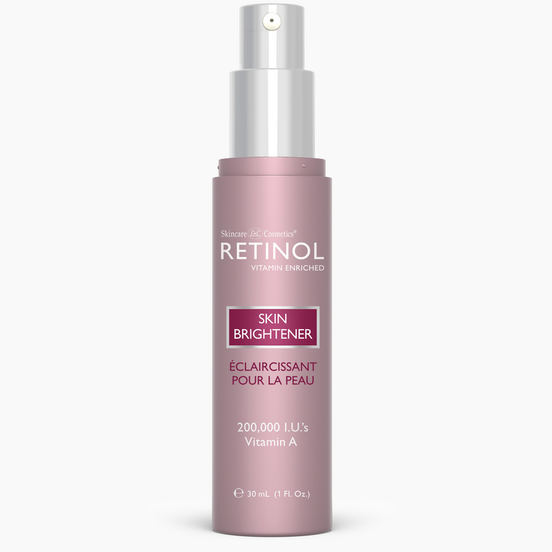 A pump bottle of Retinol Skin Brightener, with the brand 'RETIOL' visible on the label. The product is described as a 'Skin Brightener' and contains Vitamin A, C & E.
