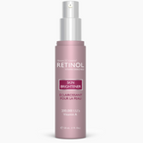 A pump bottle of Retinol Skin Brightener, with the brand 'RETIOL' visible on the label. The product is described as a 'Skin Brightener' and contains Vitamin A, C & E.