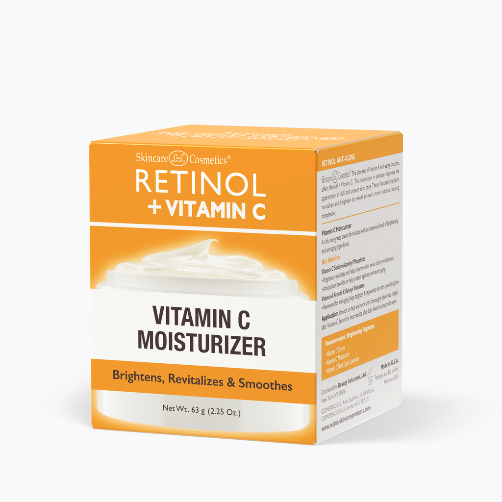 A product box labeled "Vitamin C Moisturizer"