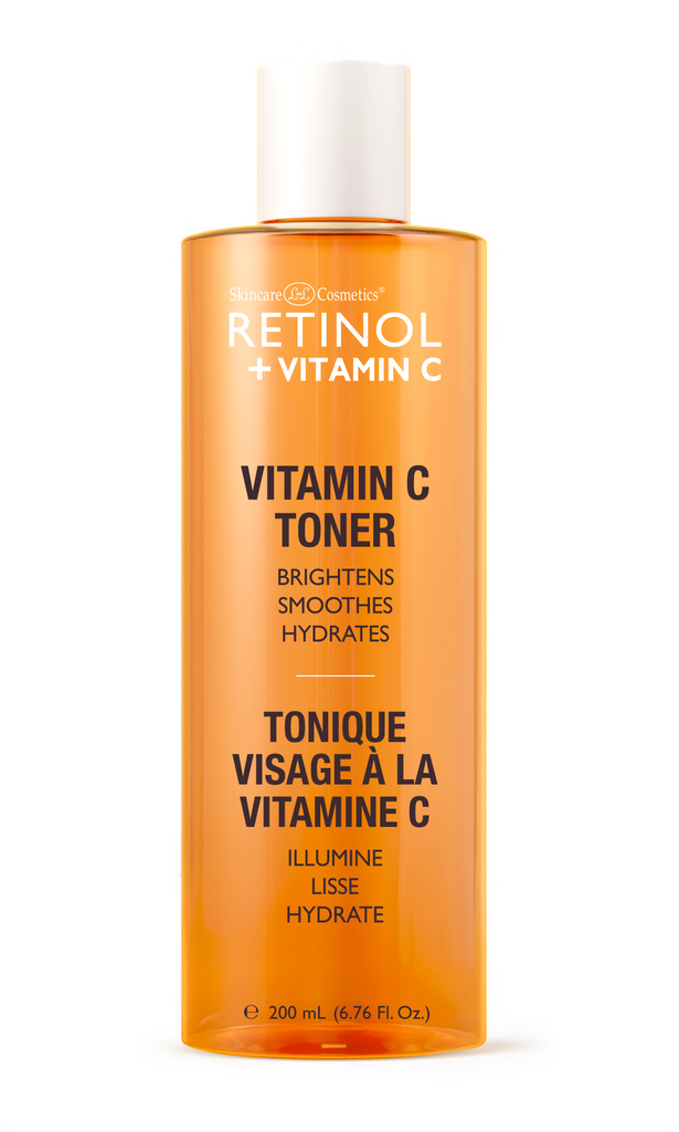 alt="Retinol Vitamin C Toner in an orange 200 mL bottle with white cap, labeled to brighten, smooth, and hydrate skin"