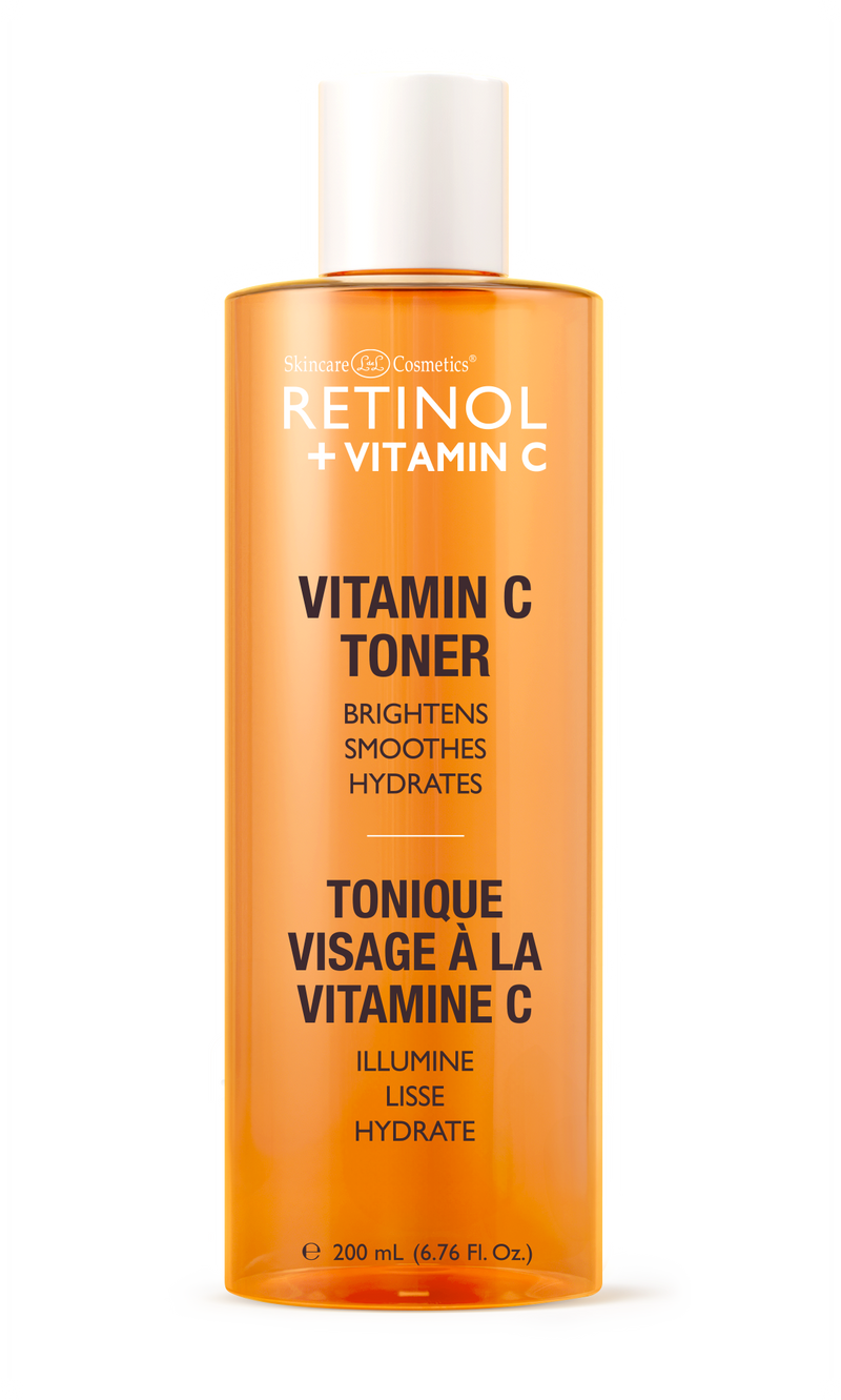 alt="Retinol Vitamin C Toner in an orange 200 mL bottle with white cap, labeled to brighten, smooth, and hydrate skin"