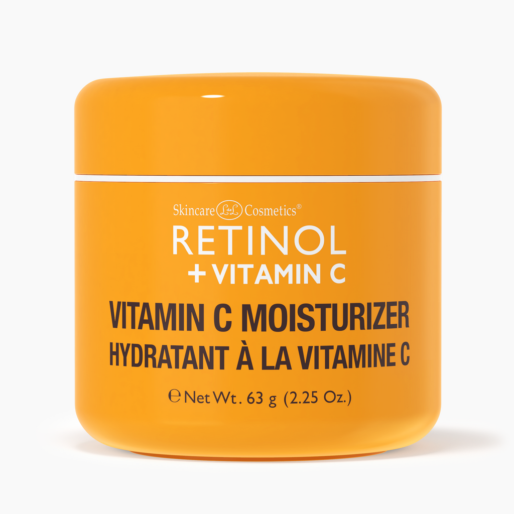 A front-facing image of an orange jar labeled "Retinol + Vitamin C Vitamin C Moisturizer."