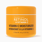 A front-facing image of an orange jar labeled "Retinol + Vitamin C Vitamin C Moisturizer."