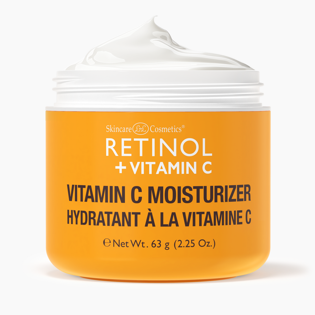 An open jar of Retinol + Vitamin C Moisturizer showing the creamy texture.