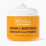 An open jar of Retinol + Vitamin C Moisturizer showing the creamy texture.