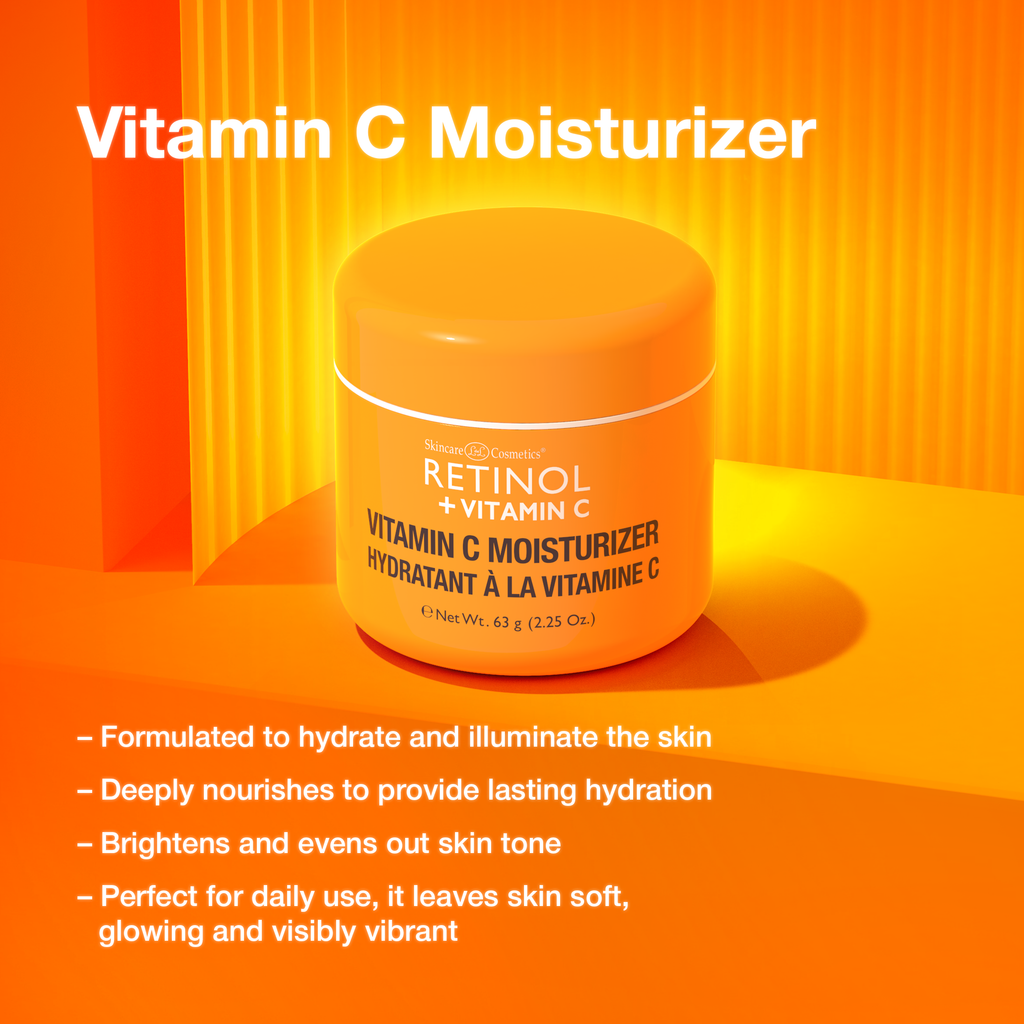 An infographic highlighting the benefits of the Vitamin C Moisturizer, with an orange theme and product image.