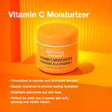 An infographic highlighting the benefits of the Vitamin C Moisturizer, with an orange theme and product image.