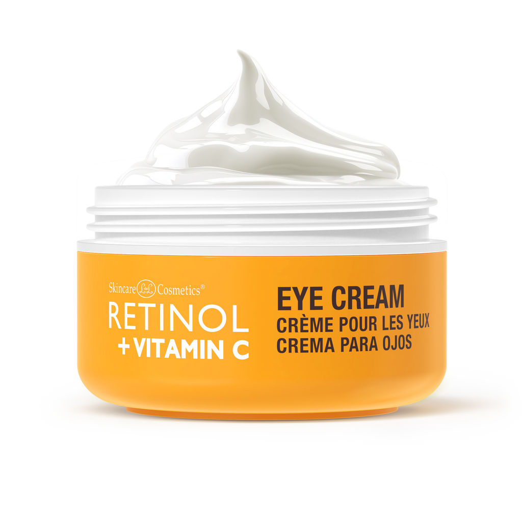 alt="Retinol Vitamin C Eye Cream in an open orange jar with visible white cream texture"