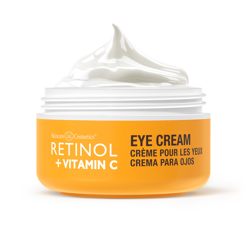 alt="Retinol Vitamin C Eye Cream in an open orange jar with visible white cream texture"
