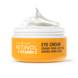 alt="Retinol Vitamin C Eye Cream in an open orange jar with visible white cream texture"