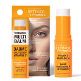Retinol Vitamin C Multi-Balm stick shown with packaging and model highlighting use areas