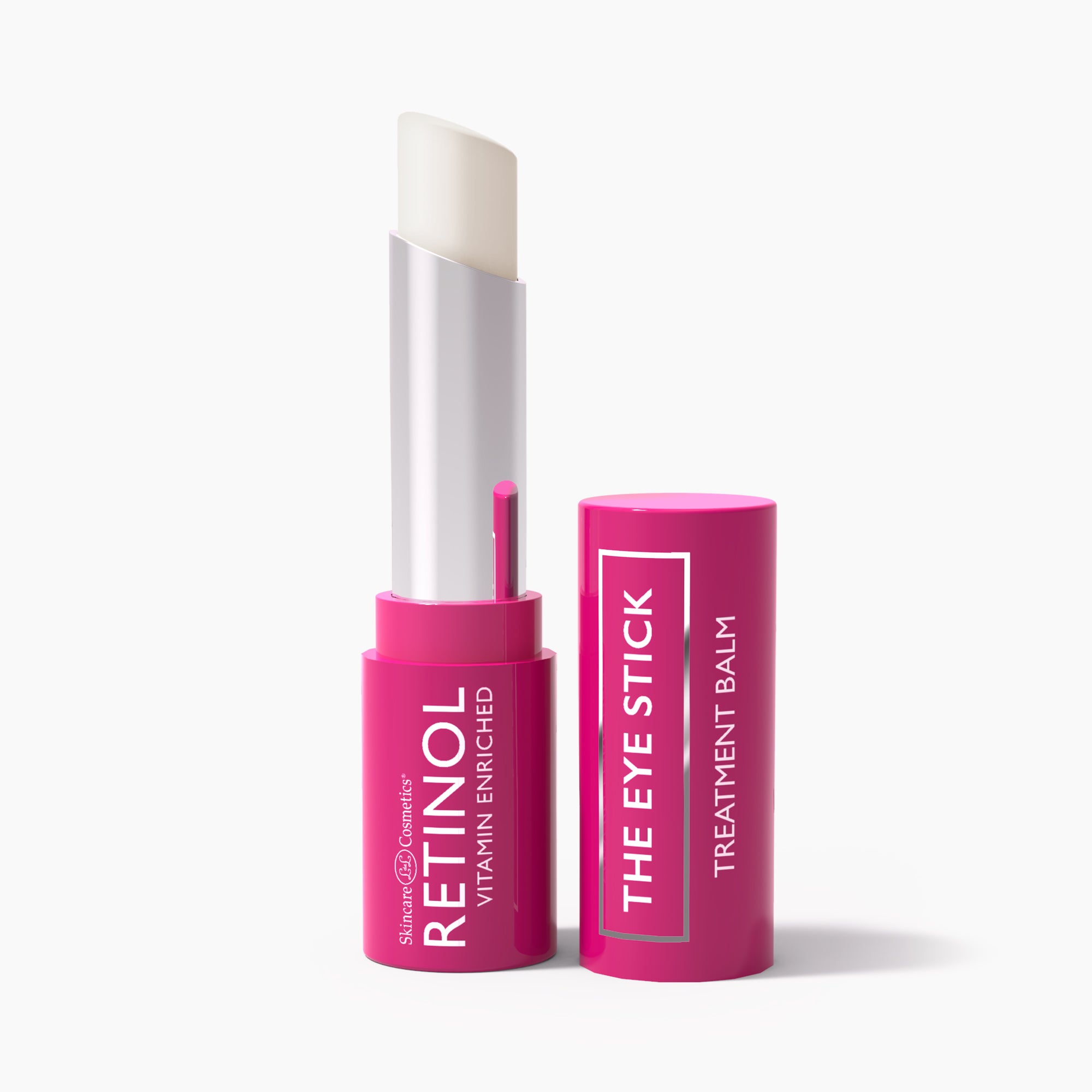 Slightly angled view of the open Retinol Eye Stick, showing both the stick and cap.