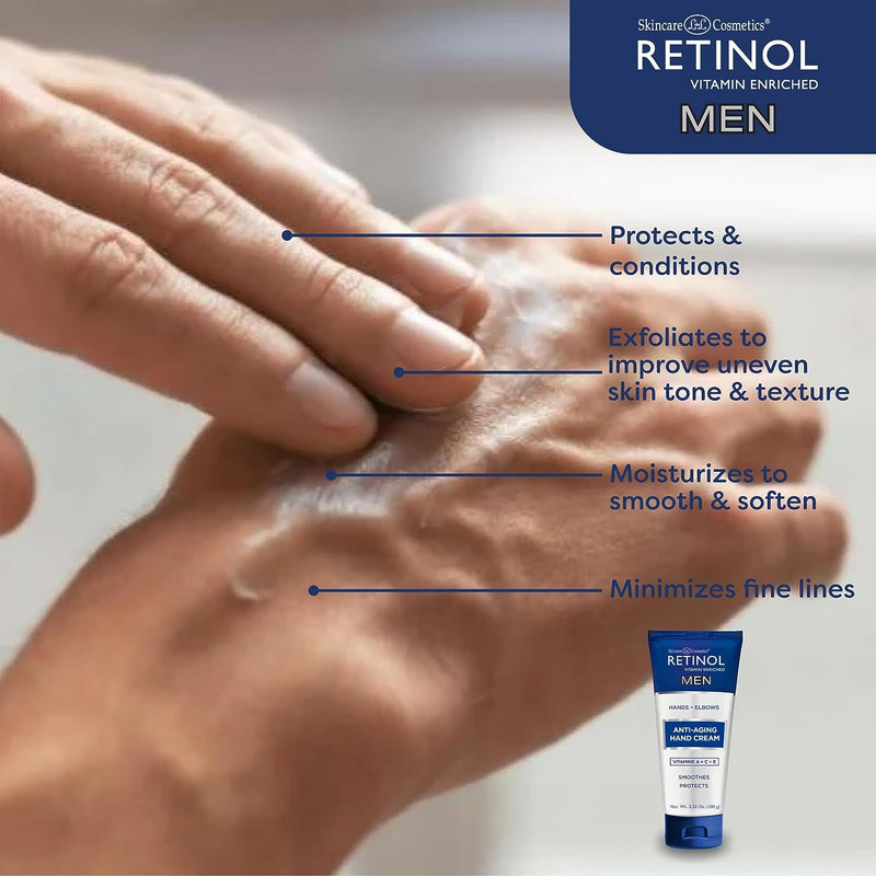 Close-up of hands applying the hand cream, with labels pointing to benefits such as exfoliation, moisturization, and protection.
