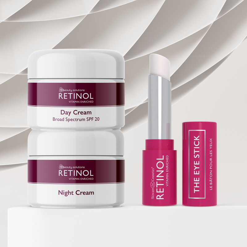 alt: a bundle set of retinol day cream, night cream and eye stick balm