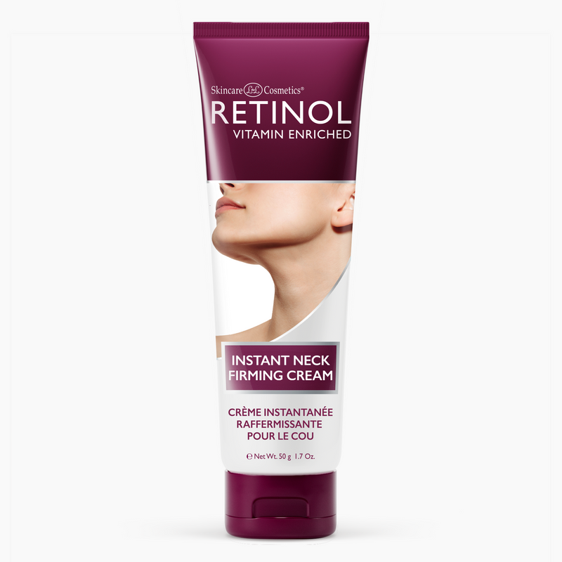 Retinol Instant Neck Firming Cream tube with firming formula and model illustration, 50g