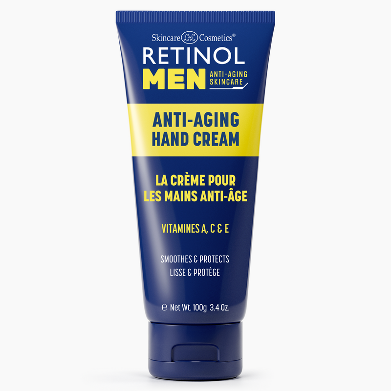 A front-facing tube of Retinol Men Anti-Aging Hand Cream in blue and yellow packaging, labeled with vitamins A, C & E.