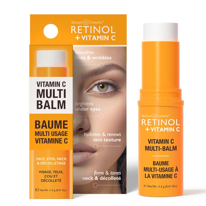 Retinol Vitamin C Multi-Balm stick shown with packaging and model highlighting use areas